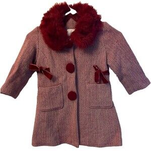 LONDON FOG LITTLE GIRLS COAT Dress Jacket Red Bows Lined Red Faux Fur Trim 4T